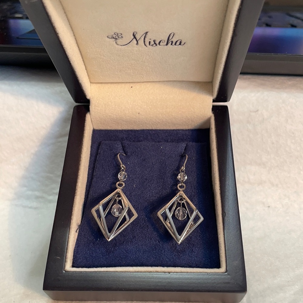 Mischa silver geometric cage drop earrings with crystals 2”. IOB